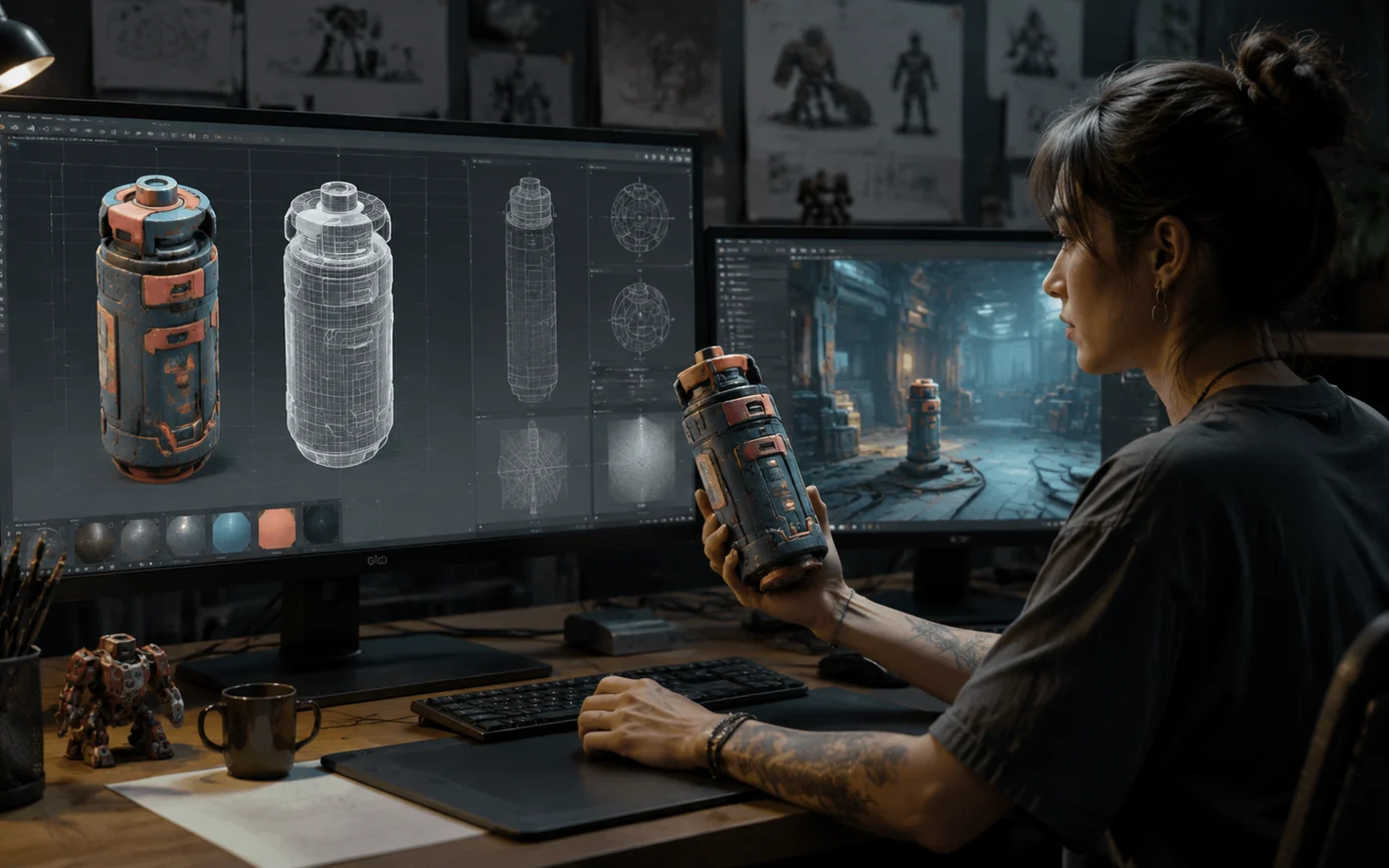 Game artist inspecting a sci-fi prop, topology, and materials