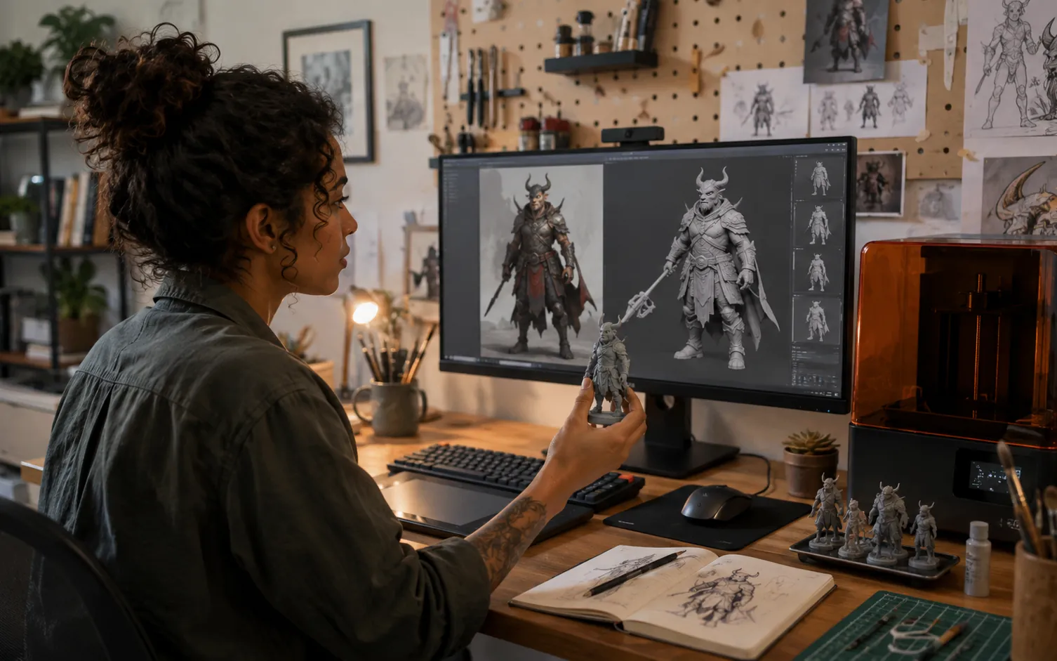 Independent creator comparing concept art, a 3D model, and a printed prototype