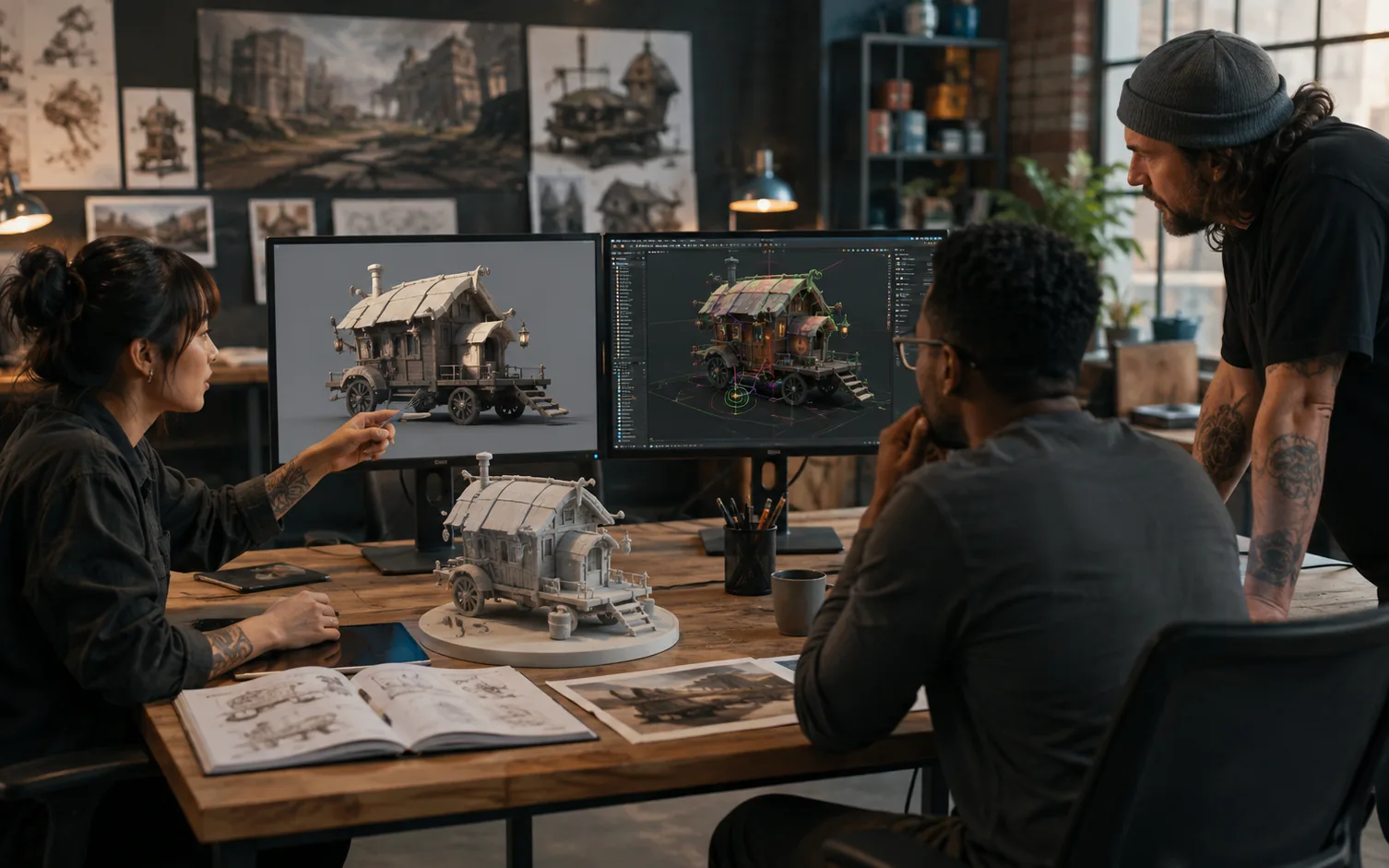 Small creative studio reviewing a vehicle model, rigged scene, and printed maquette