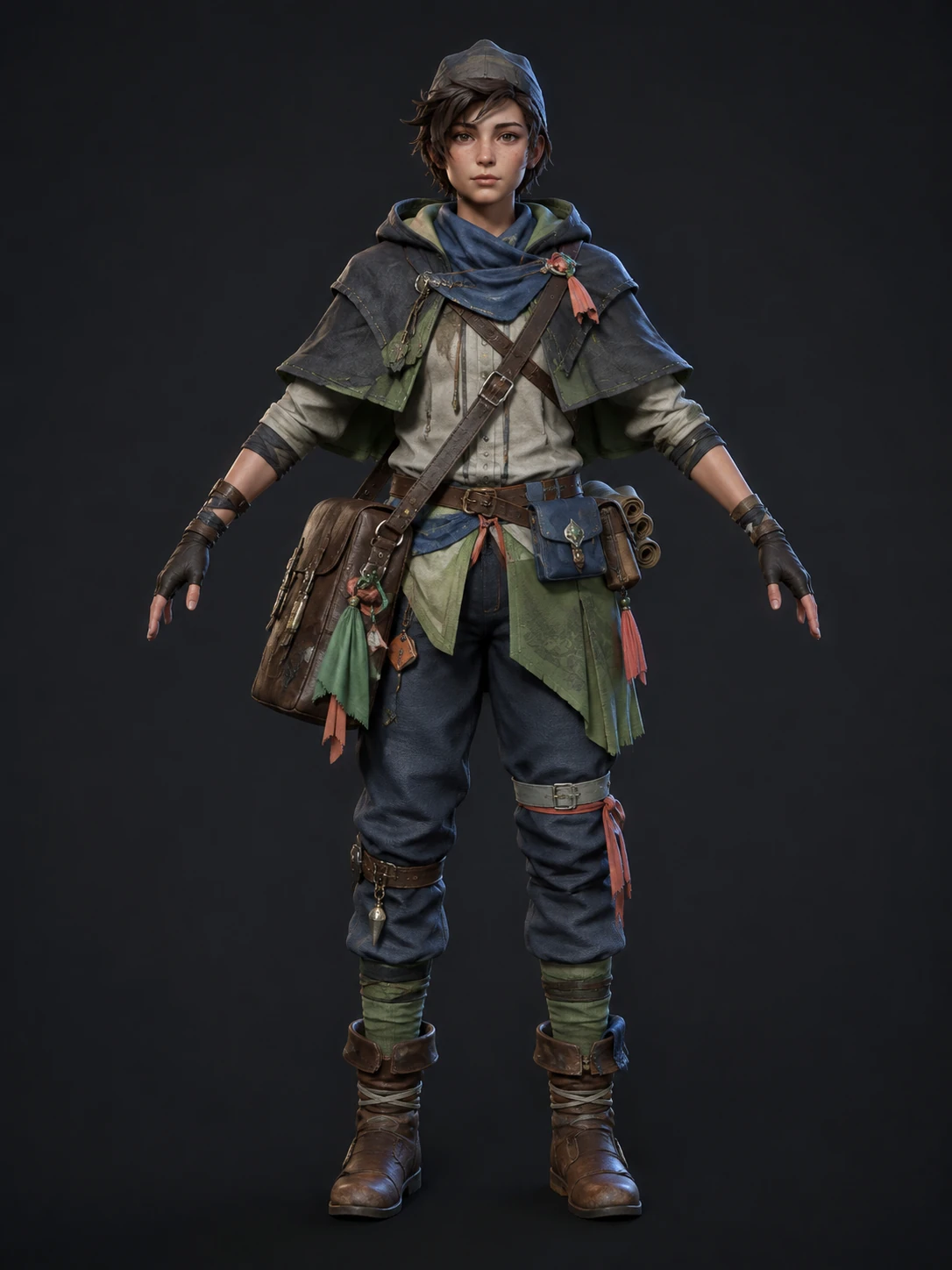Full-body fantasy courier 3D character in a neutral pose for rigging