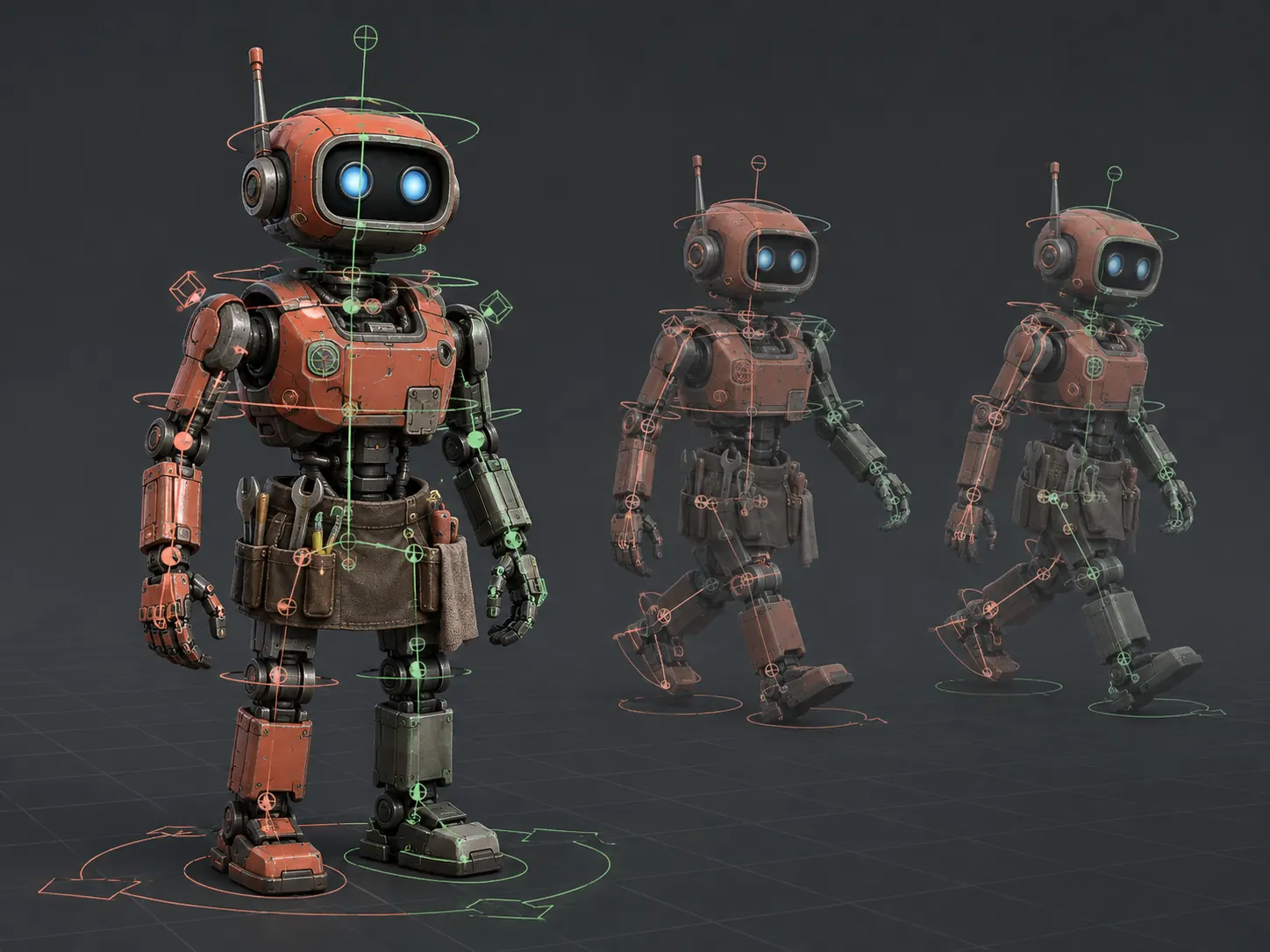 Robot mechanic character with a visible skeleton and walk-cycle poses